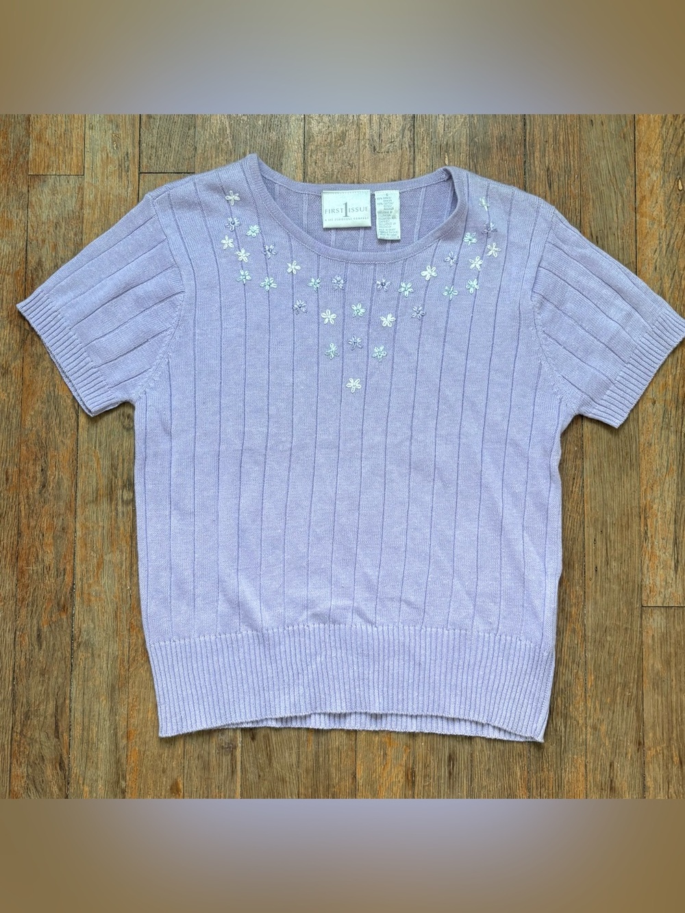 Vintage Liz Claiborne Short Sleeve Sweater w/ Floral Embroidery ~ sz Small